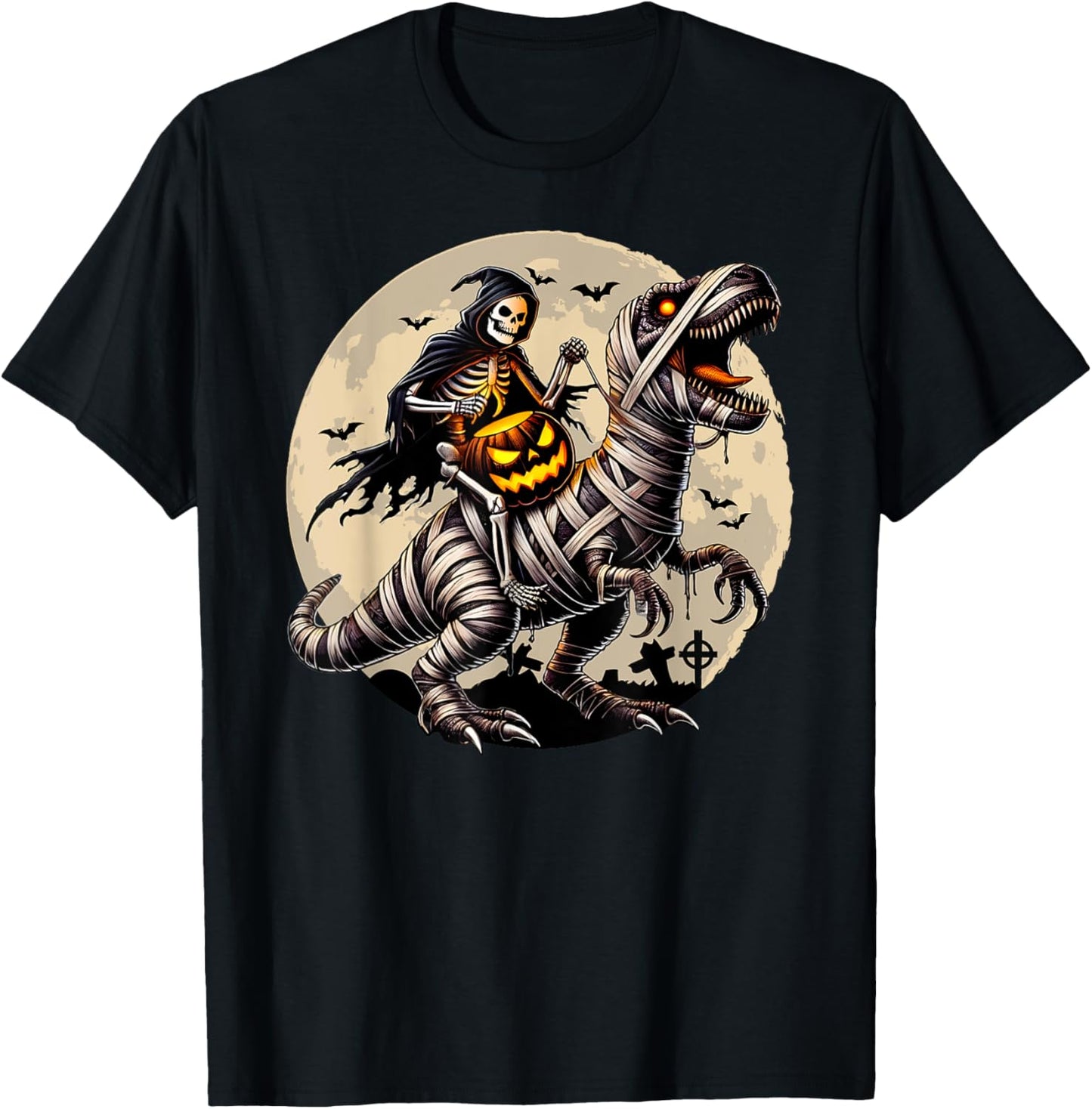 Skeleton Riding Mummy Dinosaur T Rex Pumpkin Funny Halloween T-Shirt