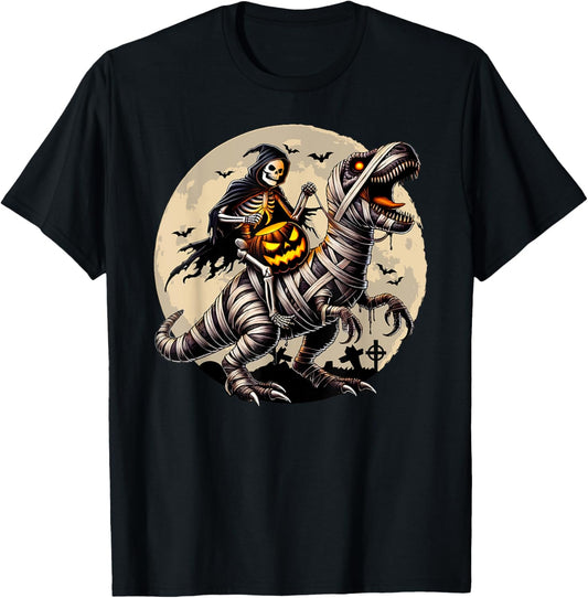 Skeleton Riding Mummy Dinosaur T Rex Pumpkin Funny Halloween T-Shirt