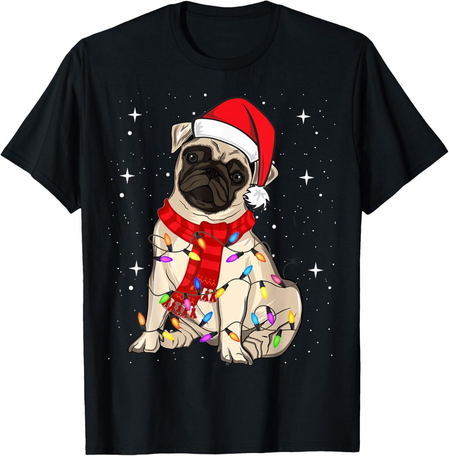 Pug Dogs Christmas Light Santa Hat Puggy Lover Xmas T-Shirt