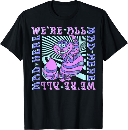 Disney Alice In Wonderland Cheshire Cat We're All Mad Box Up Short Sleeve T-Shirt