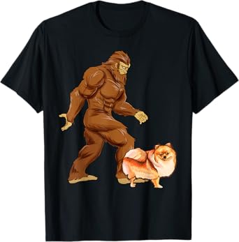Funny Bigfoot Walking Pomeranian Sasquatch Dog T-Shirt for Men Women Kids