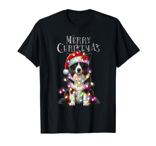 Border collie Christmas Lights Xmas dog Santa T-Shirt for Men Women Kids