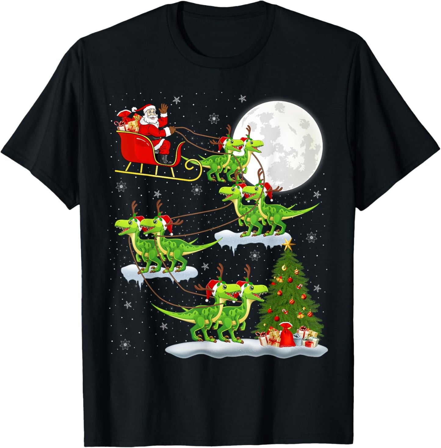 Xmas Lights Santa Riding Velociraptors Dinosaur Christmas T-Shirt