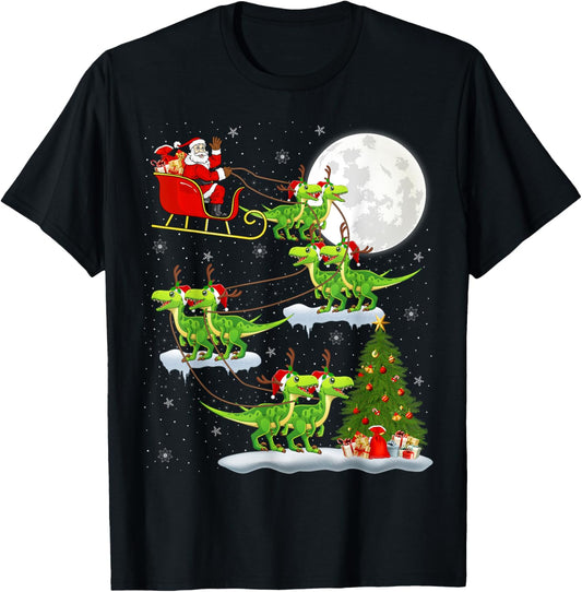 Xmas Lights Santa Riding Velociraptors Dinosaur Christmas T-Shirt