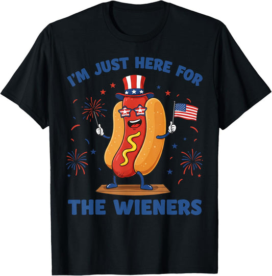 Funny Hot Dog 4th of July BBQ I'm Just Here For The Wieners T-Shirt