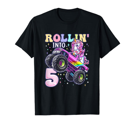Unicorn Monster Truck 5th Birthday 5 Year Old Girls Party T-Shirt