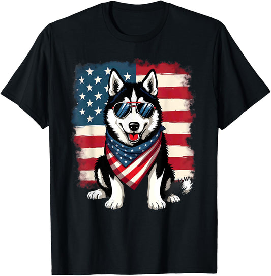 Patriotic American Flag Siberian Husky T-Shirt