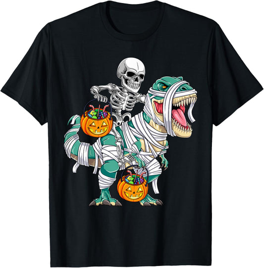 Skeleton Riding Dinosaur T Rex Funny Kids Boys Halloween T-Shirt