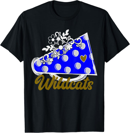 Cheer WILDCATS Shirt, Blue Megaphone Heart Flower Accent T-Shirt