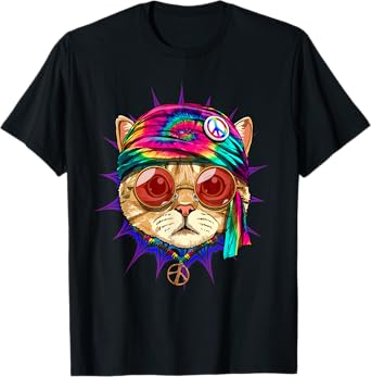 Tie Dye Cat Shirt Hippy Cat Peace Sign Cat Lover T-Shirt