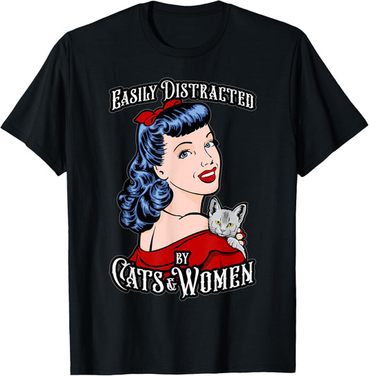 Easily Distracted By Cats & Women Cat Lover Pop Art Girl T-Shirt