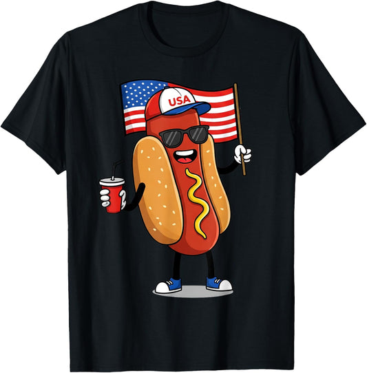 4th of July Hotdog Funny Fourth of July Patriotic USA Flag T-Shirt