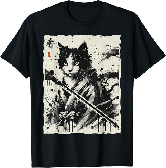 Japanese Ink Cat Warrior Katana Vintage Art Women Men Kids T-Shirt