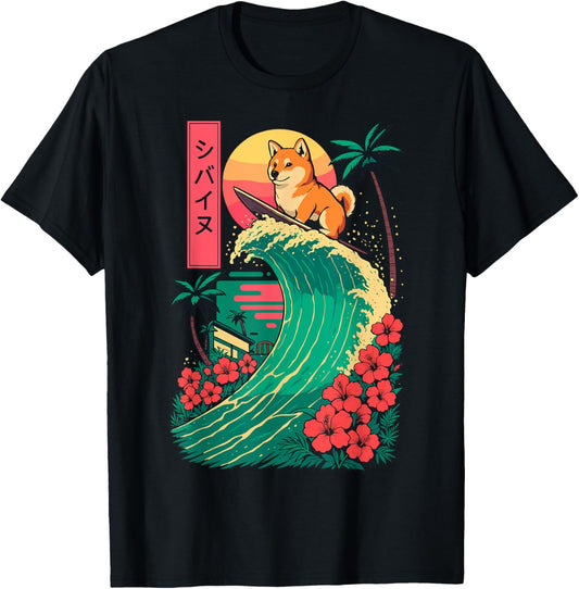 Japanese Shiba Inu Surfing Wave Great Wave Japan T-Shirt