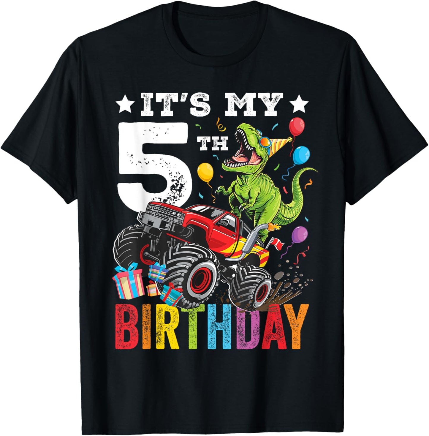 Five 5th Birthday Dinosaur Monster Truck T-Shirt