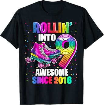 Birthday Roller Skating 9th Girls Rollin into 9 Skate Party T-Shirt