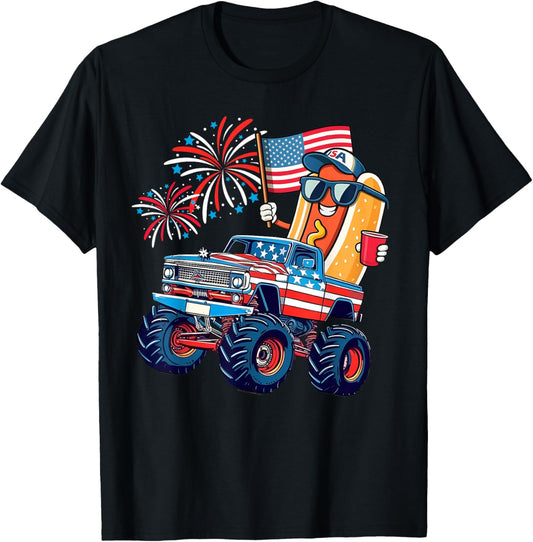4th Of July Monster Truck American Flag Hotdog Sunglasses T-Shirt