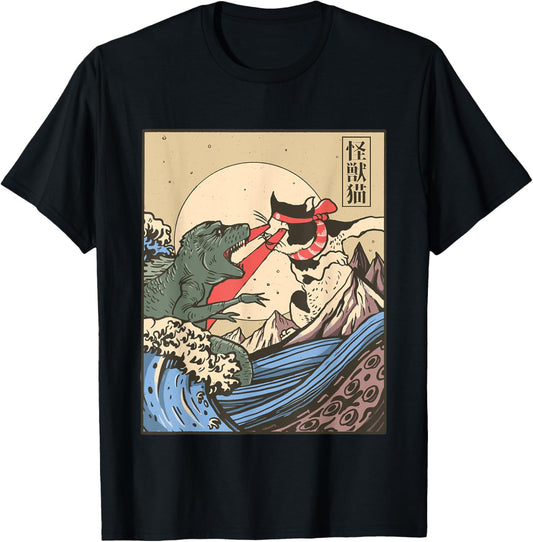 Kaiju Monster vs Cat Laser Eye Fight Great Wave Japanese T-Shirt