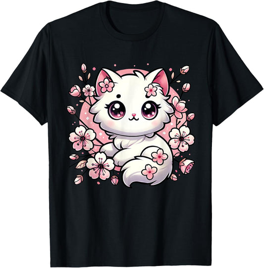Cute Kawaii Cat Cherry Blossoms Kitten Lover Gift Women Girl T-Shirt