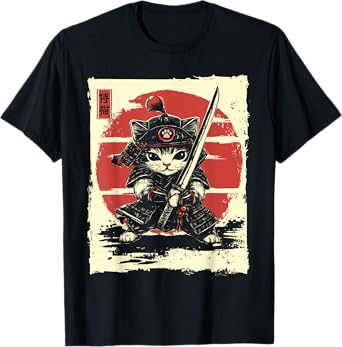 Japanese Samurai Cat Kawaii Ninja Cat T-Shirt for Men Women Girls Kids