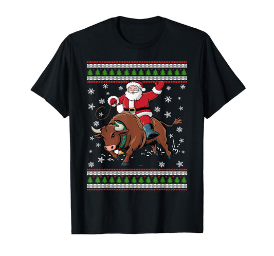 Christmas Santa Riding A Bull Funny Xmas Animal Lover T-Shirt