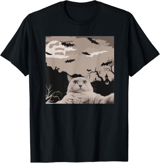 Cat Selfie With Halloween Background Funny Cat Gifts For Men T-Shirt
