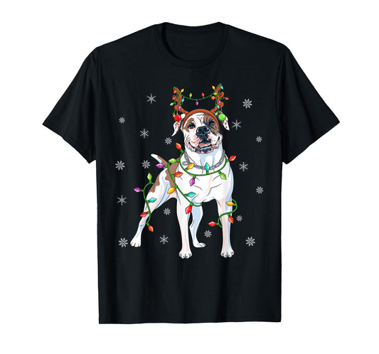 Xmas Lighting Reindeer Hat American Bulldog Christmas T-Shirt