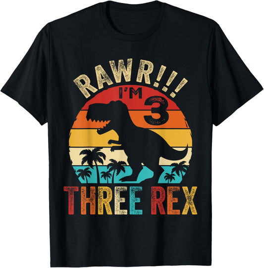 Three Rex Kids 3rd Years Old Birthday Boys Dinosaur Retro T-Shirt