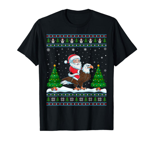 Ugly Xmas Lighting Tree Santa Riding Eagle Christmas T-Shirt