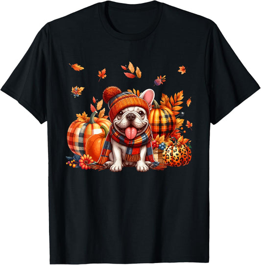 French Bulldog Thanksgiving Leopard Pumpkins Fall Leaves T-Shirt