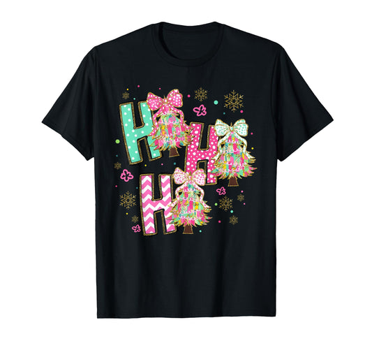 HO HO HO Merry Christmas Coquette Bow Xmas Trees Holiday T-Shirt