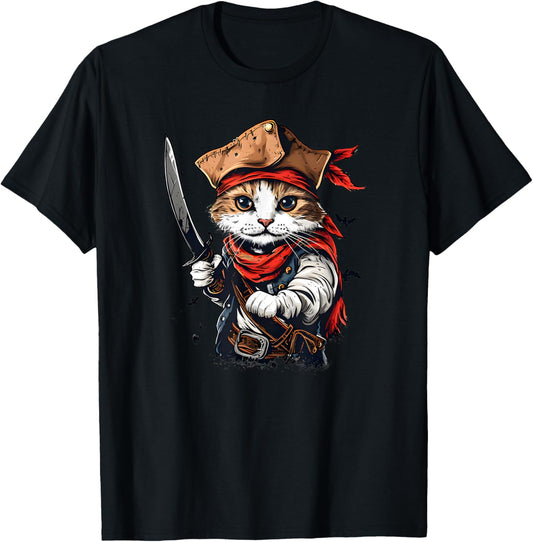 Pirate Cat Plush Voyage T-Shirt - Unisex-Adults & Kids Cat Lovers Pirate Enthusiasts - Black - Small - Short Sleeve - Classic Fit - Cotton Polyester Blend