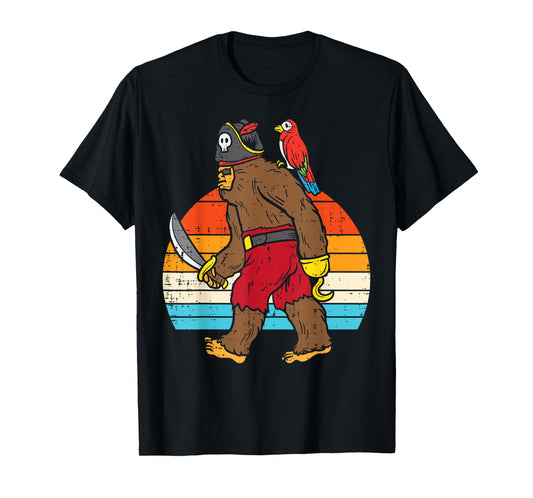 Bigfoot Sasquatch Pirate Parrot Retro Halloween Men Boys T-Shirt