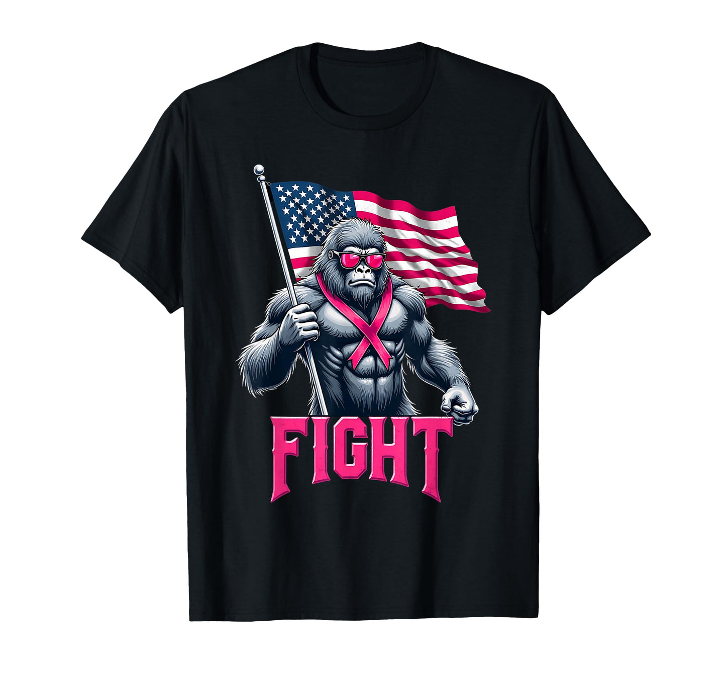 Bigfoot Sasquatch Fight Breast Cancer Awareness Pink Ribbon T-Shirt