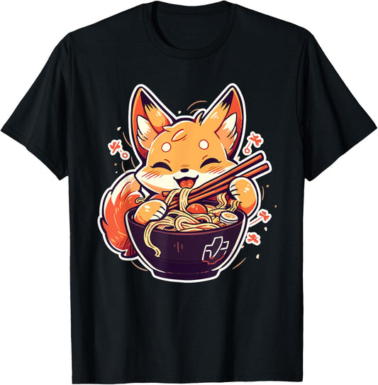 Cute Japanese Anime Kawaii Fox Eating Ramen Kids Girls Teens T-Shirt