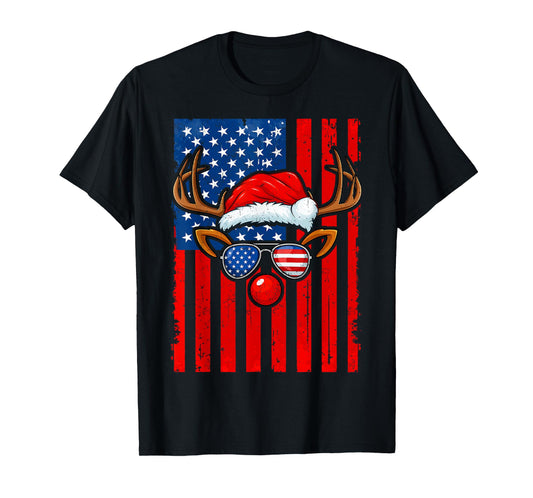 Vintage Rudolph Rednose Santa Hat Us Flag Christmas Xmas Men T-Shirt