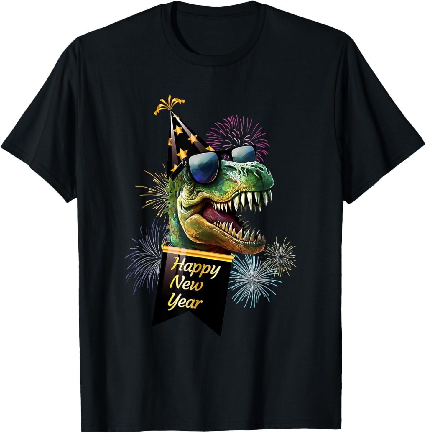 Happy New Year Dinosaur T Rex Sunglasses Fireworks NYE Party T-Shirt