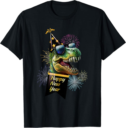 Happy New Year Dinosaur T Rex Sunglasses Fireworks NYE Party T-Shirt