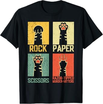 Retro Rock Paper Scissors Hand Game Cute Paw Humor Cat Meme T-Shirt for Men Women