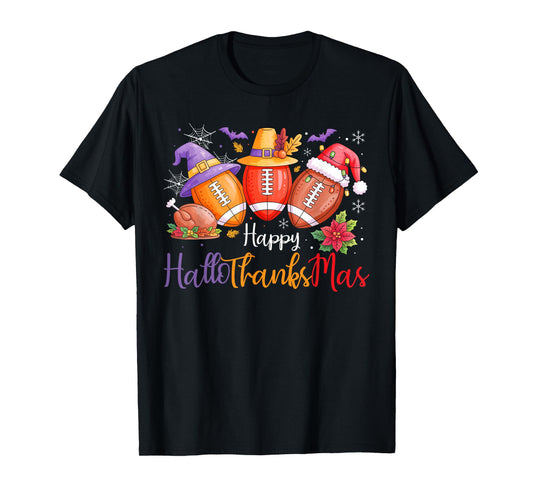 Happy Hallothanksmas Football Halloween Thanksgiving Xmas T-Shirt