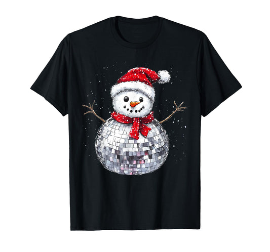 Snowman Christmas Retro Santa Hat Disco Ball Matching Family T-Shirt