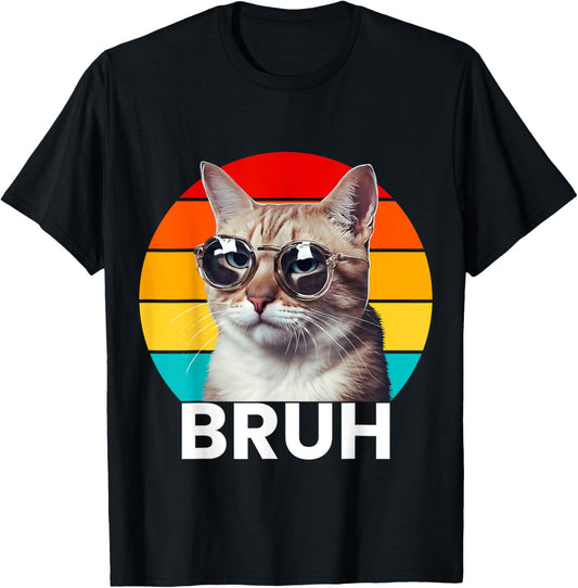Funny Meme saying Bruh with Cat Greetings Teens Boys Men T-Shirt