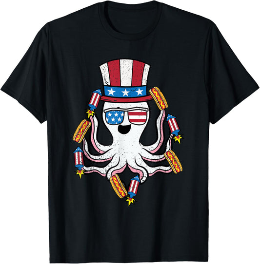 Octopus American Hat 4th Of July Hotdog Patriotic Animal T-Shirt
