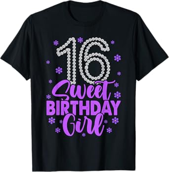 Cute Purple Black Sweet 16 Style Girl 16th Birthday Sixteen T-Shirt