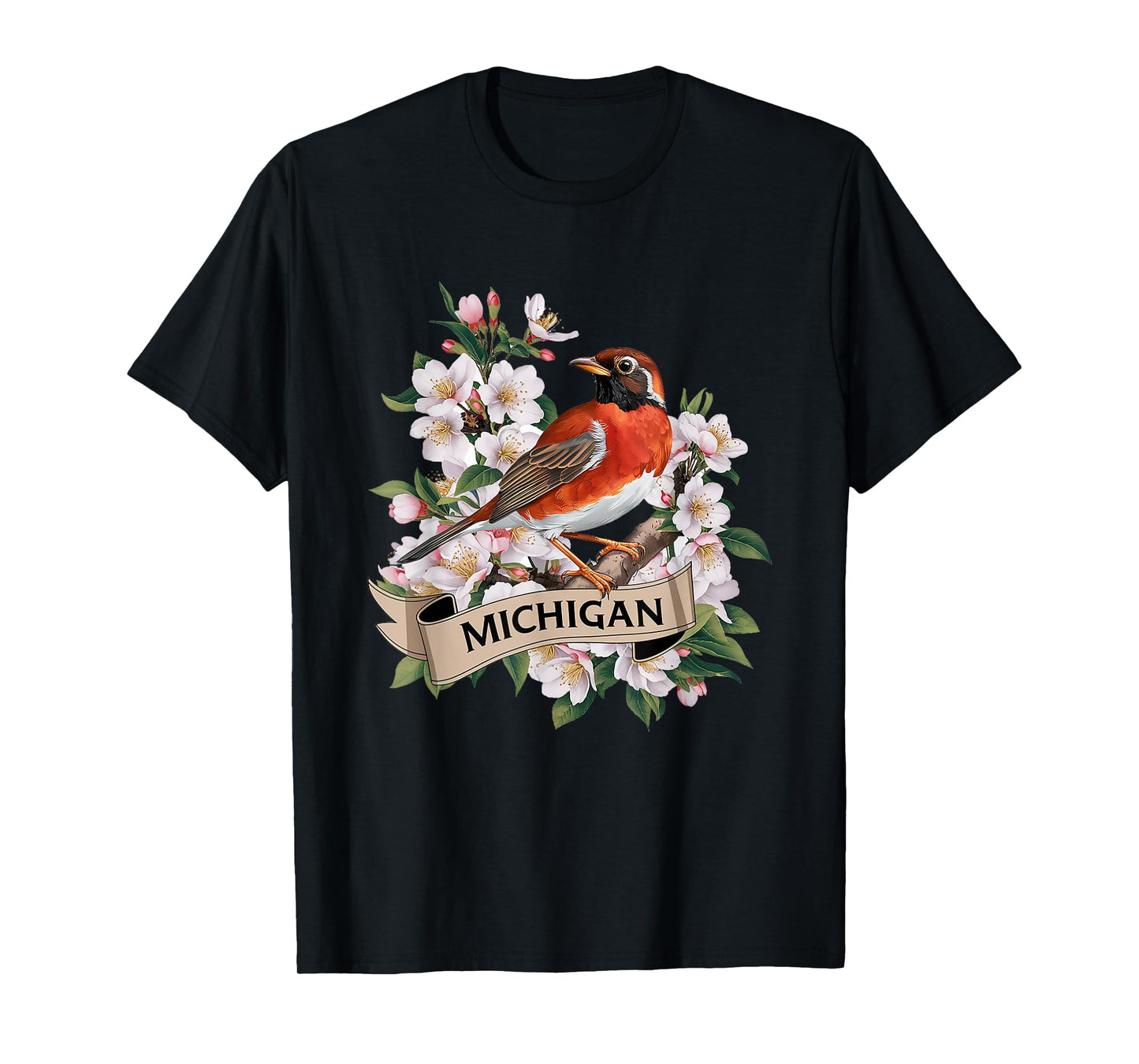 Michigan American Robin Bird and Apple Blossom Flower T-Shirt