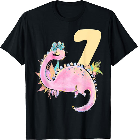7th Birthday Girl Dinosaur Pink Dino Party Outfit Seven T-Shirt