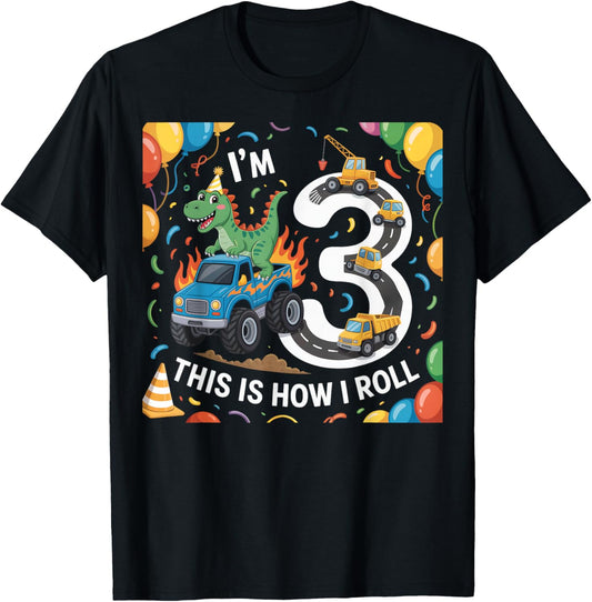 Dinosaur Monster Truck 3rd Birthday 3 Year Old Construction T-Shirt