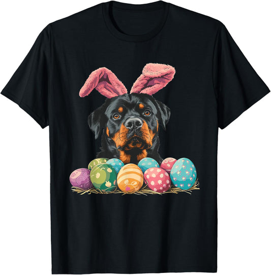 Cute Rottweiler Easter Rottweiler Dog Eggs Basket Bunny Ears T-Shirt