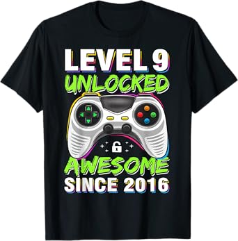 Level 9 Unlocked Awesome Since 2016 9th Birthday Gaming Boys T-Shirt