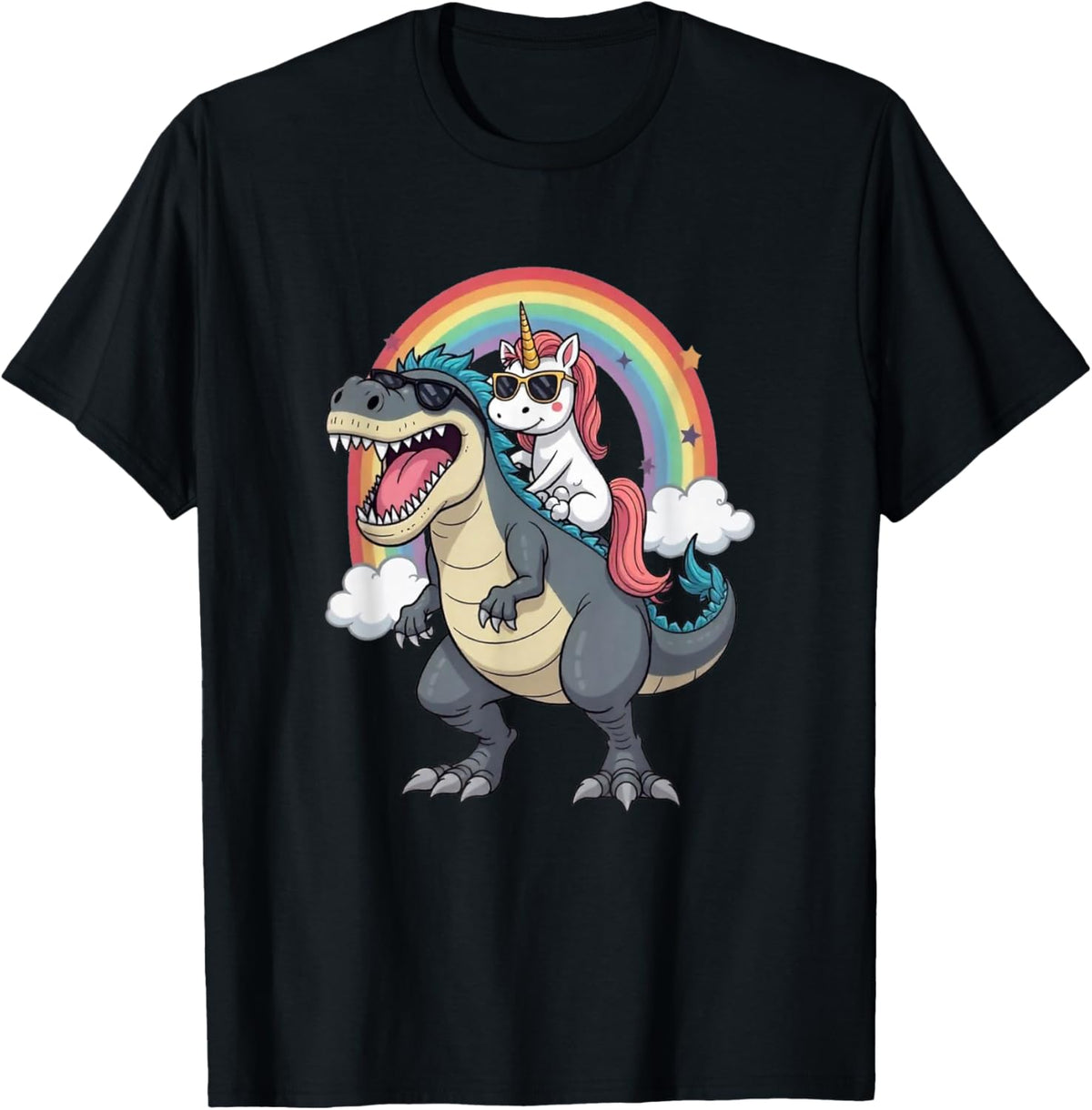 Unicorn Riding T-Rex Dinosaur Rainbow Boys Girls Men Women T-Shirt